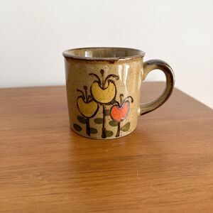 Vintage 1970s Studio Pottery Floral Mug Folk Art Stoneware Coffee Cup
